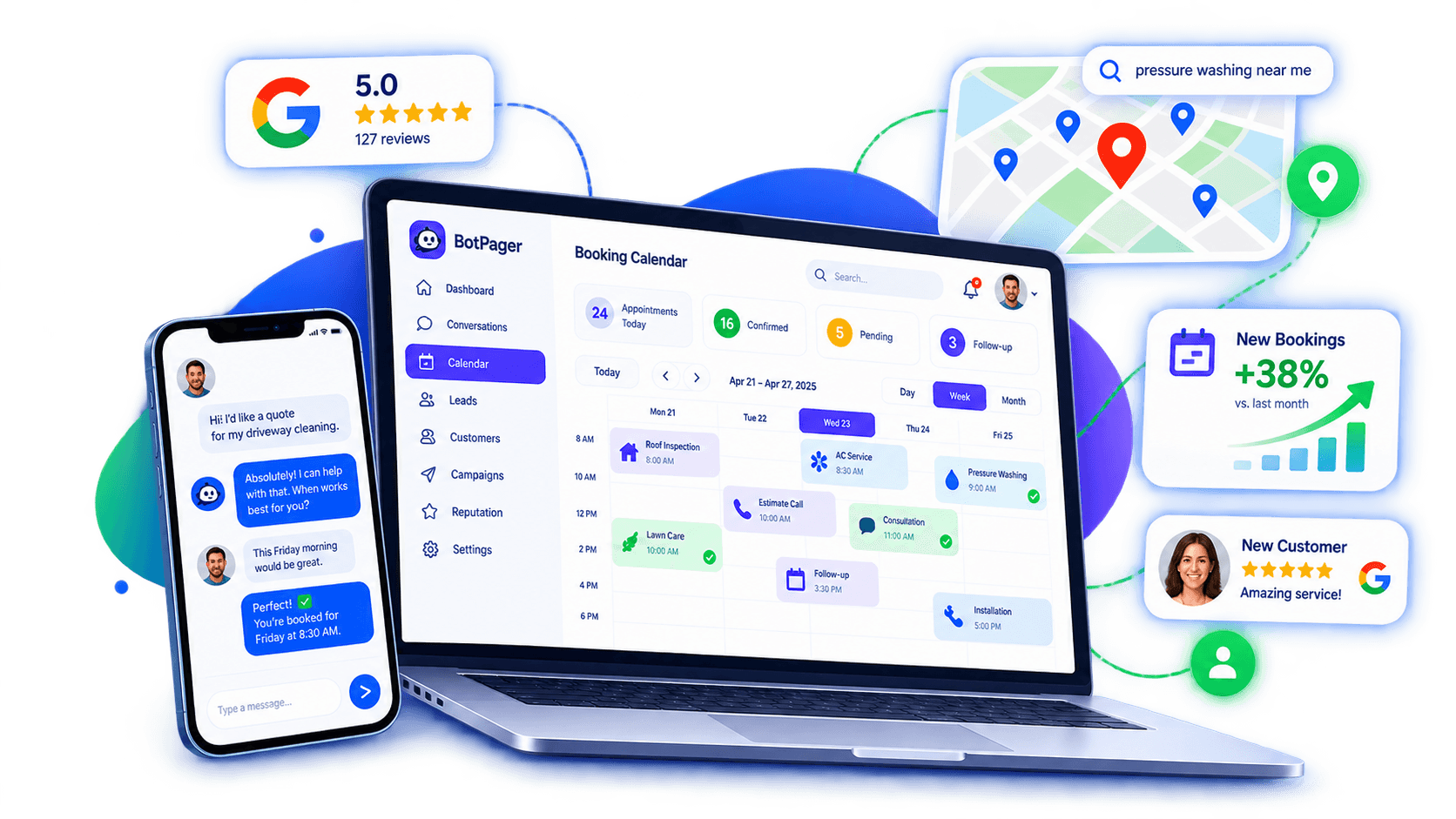 BotPager booking calendar with customer conversations, new bookings, revenue, and sales results